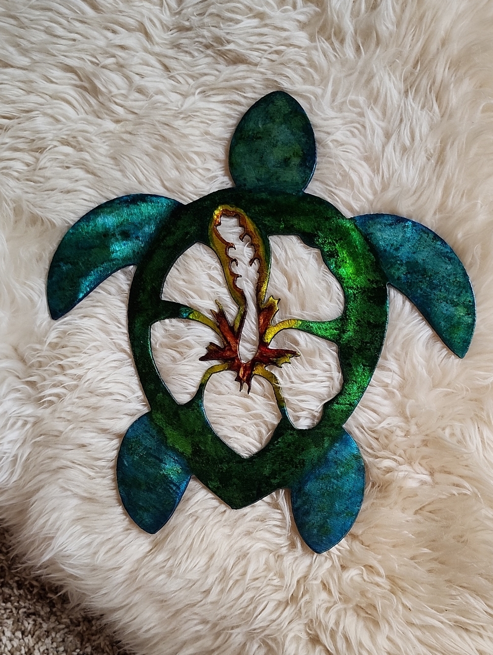 Green & Blue Sea Turtle Wall Art with Floral Hybiscus Accent